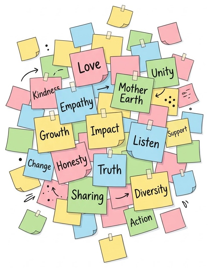 A cloud of colorful sticky notes carrying vague feel-good words such as Love, Empathy, Mother Earth, and Impact