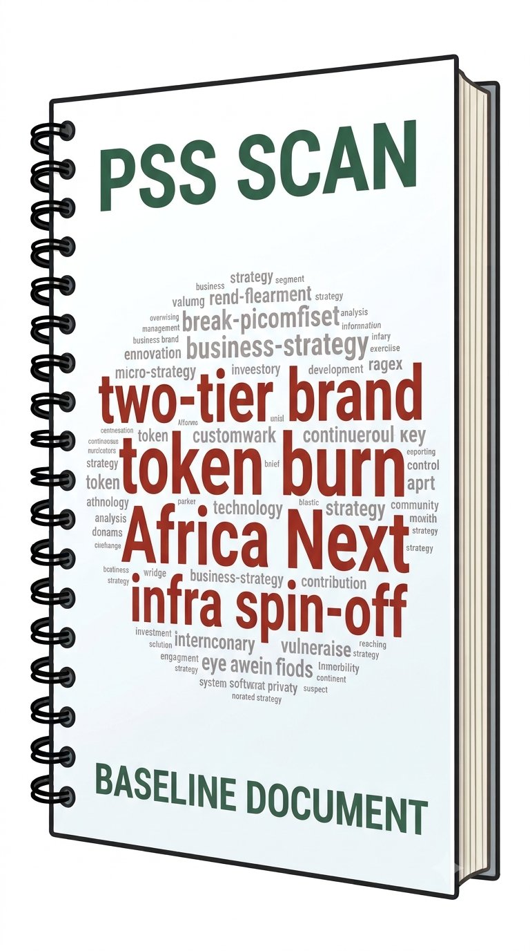 A thick spiral-bound report titled PSS Scan and Baseline Document, its cover a data-driven word cloud of concrete strategy terms