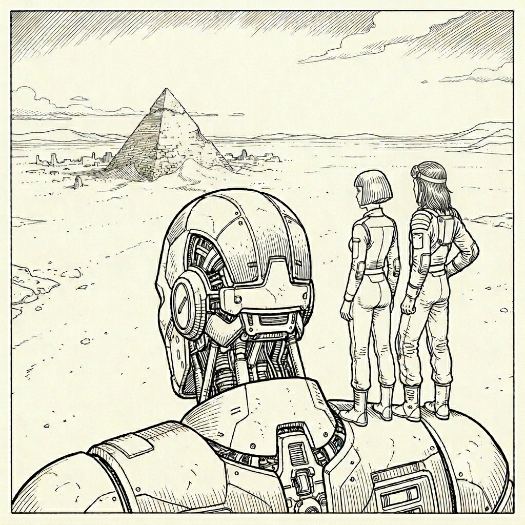 Two human operators on the shoulders of a giant android, looking toward a distant horizon